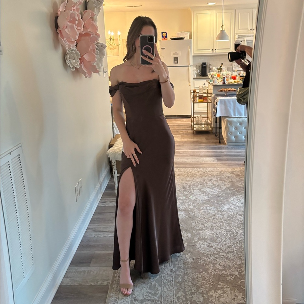 Birdy Grey Off-Shoulder Chocolate Brown Bridesmaid Dress